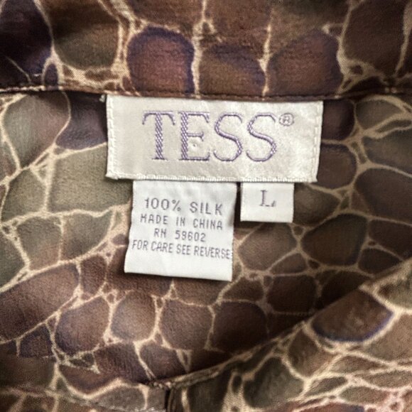 Tess Womens Sheer Snake Skin Print Button-Up Shirt Blouse Large 100% Silk Brown - Picture 3 of 7
